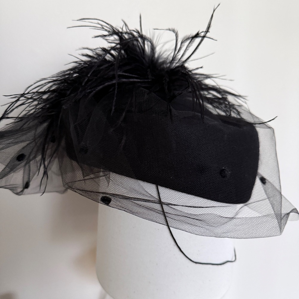 Betmar Pillbox Hat Women Black Vintage Wool Feather Birdcage Veil Goth Noir